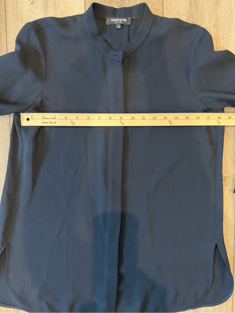 Lafayette 148 New York Classic Navy Hidden Button Blouse with Ruffle Sleeve - Picture 4 of 9